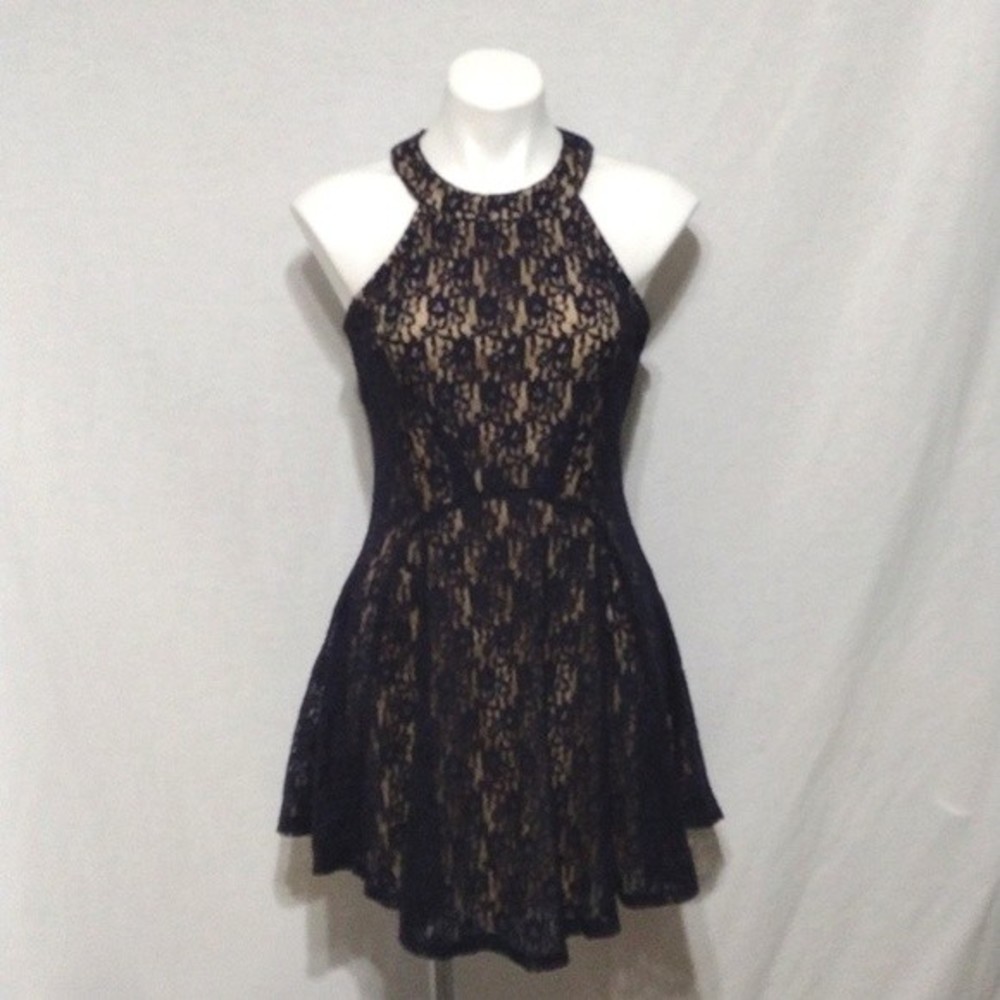 Bleuh Ciel Halter Lace Overlay Skater Mini Dress Flirty Chic Medium Elegant Glam